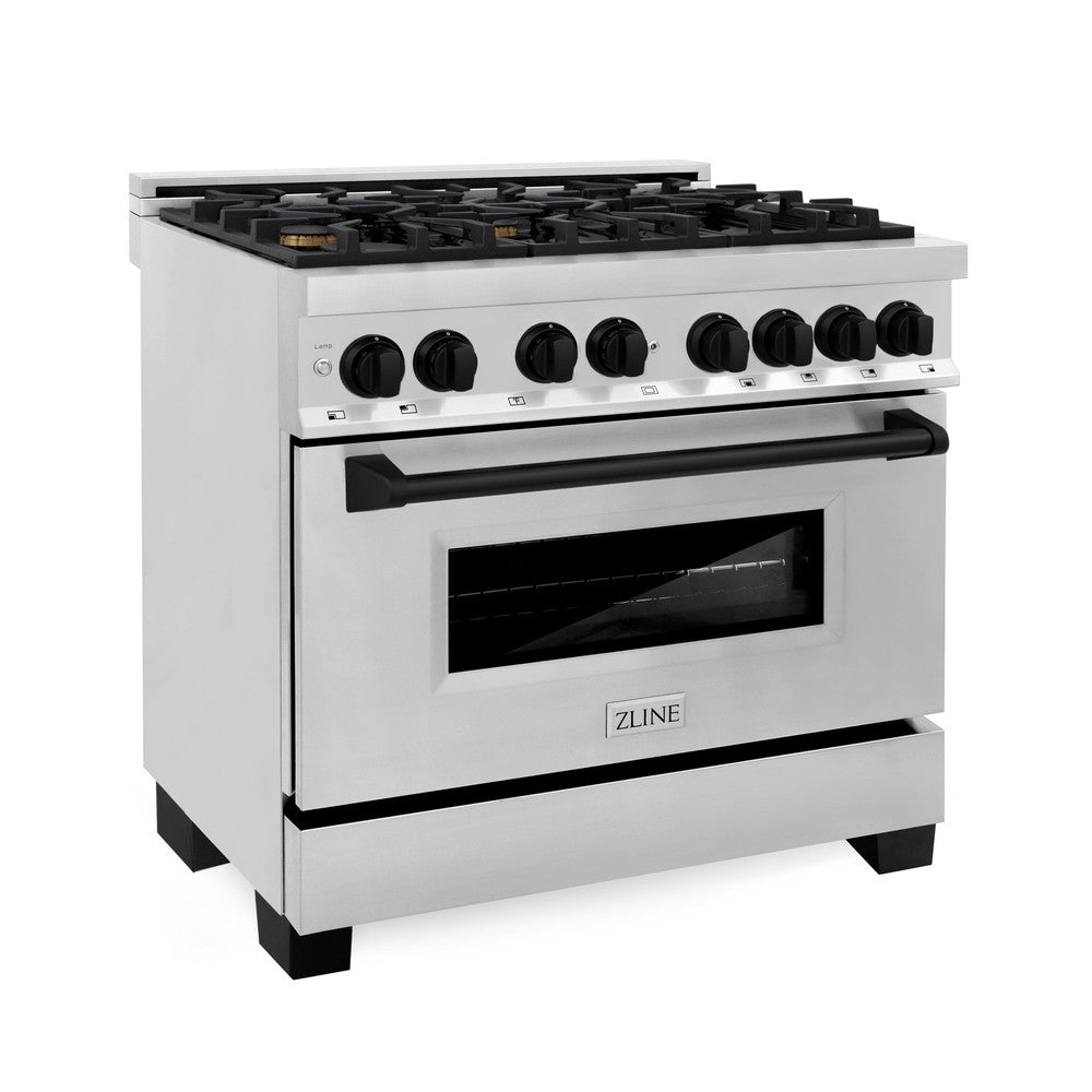 ZLINE Autograph Edition 36 in. Kitchen Package with Stainless Steel Dual Fuel Range, Range Hood, Dishwasher and Refrigerator Including External Water Dispenser with Matte Black Accents (4AKPR-RARHDWM36-MB)