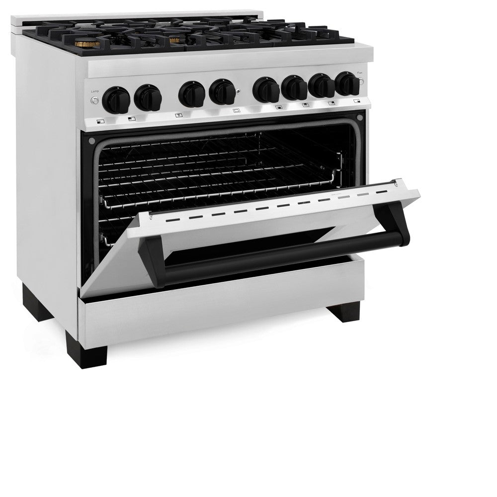 ZLINE Autograph Edition 36 in. Kitchen Package with Stainless Steel Dual Fuel Range, Range Hood, Dishwasher and Refrigerator Including External Water Dispenser with Matte Black Accents (4AKPR-RARHDWM36-MB)