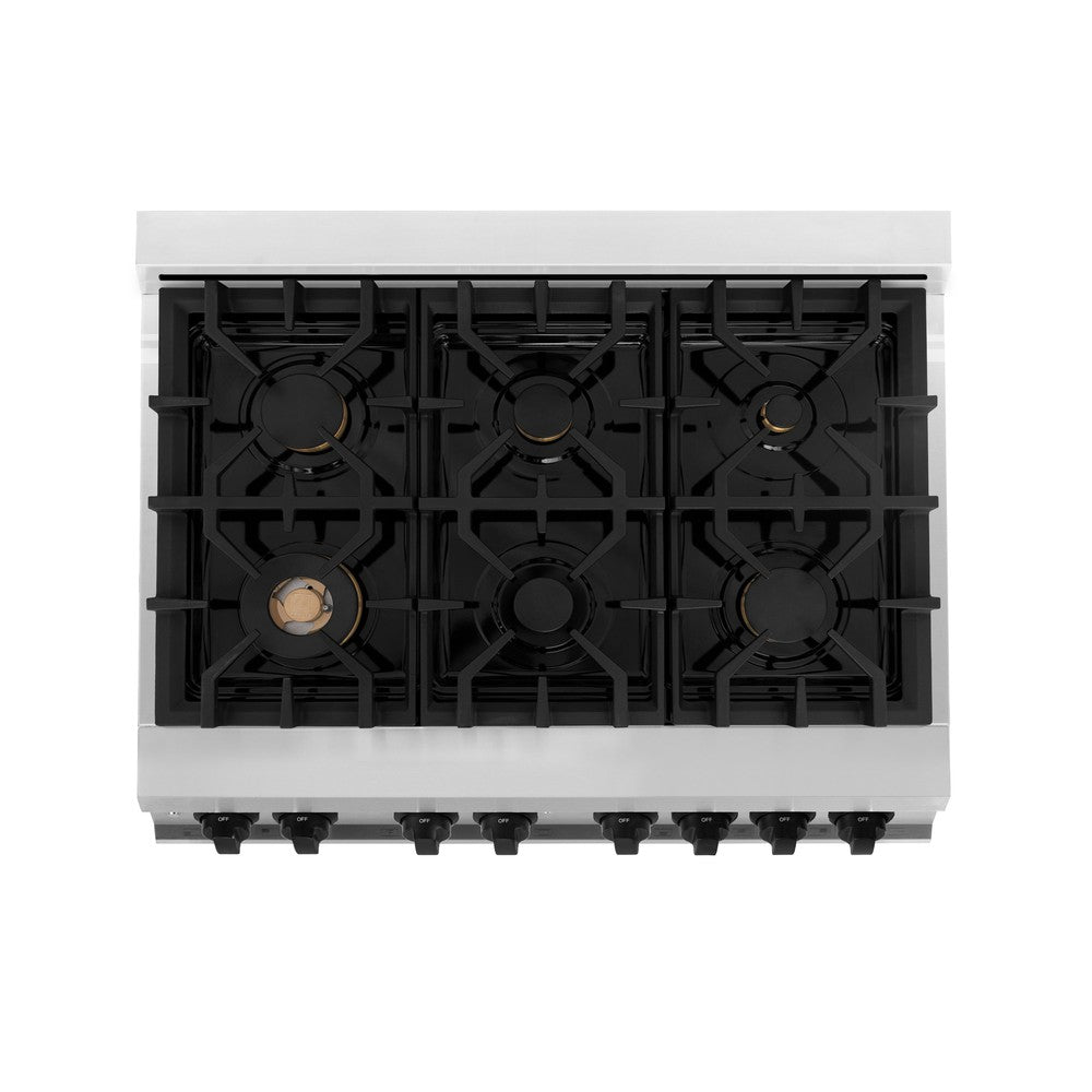 ZLINE Autograph Edition 36 in. Kitchen Package with Stainless Steel Dual Fuel Range, Range Hood, Dishwasher and Refrigerator Including External Water Dispenser with Matte Black Accents (4AKPR-RARHDWM36-MB)
