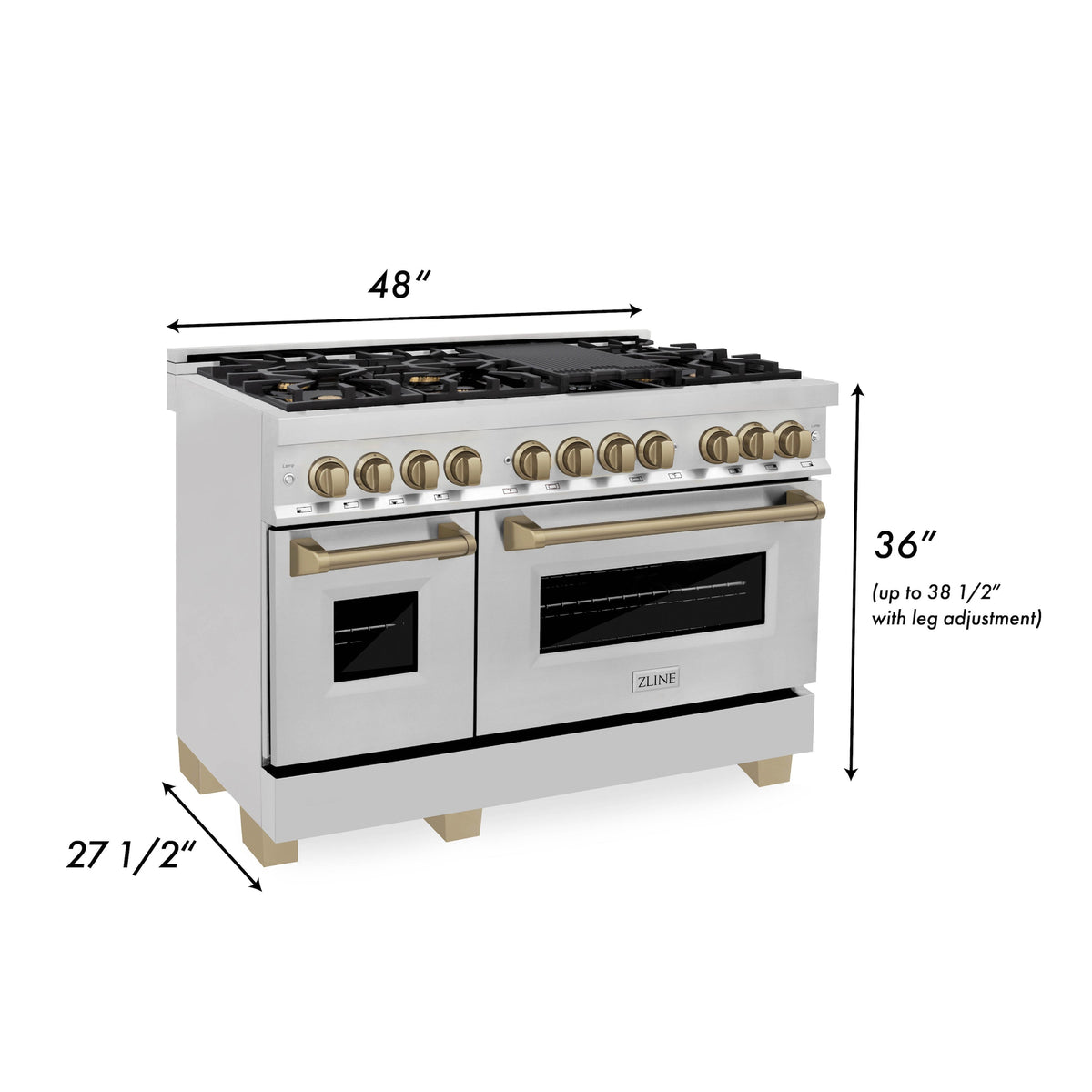 ZLINE 48 in. Autograph Edition Kitchen Package with Stainless Steel Dual Fuel Range, Range Hood, Dishwasher and Refrigeration with Champagne Bronze Accents (4KAPR-RARHDWM48-CB)