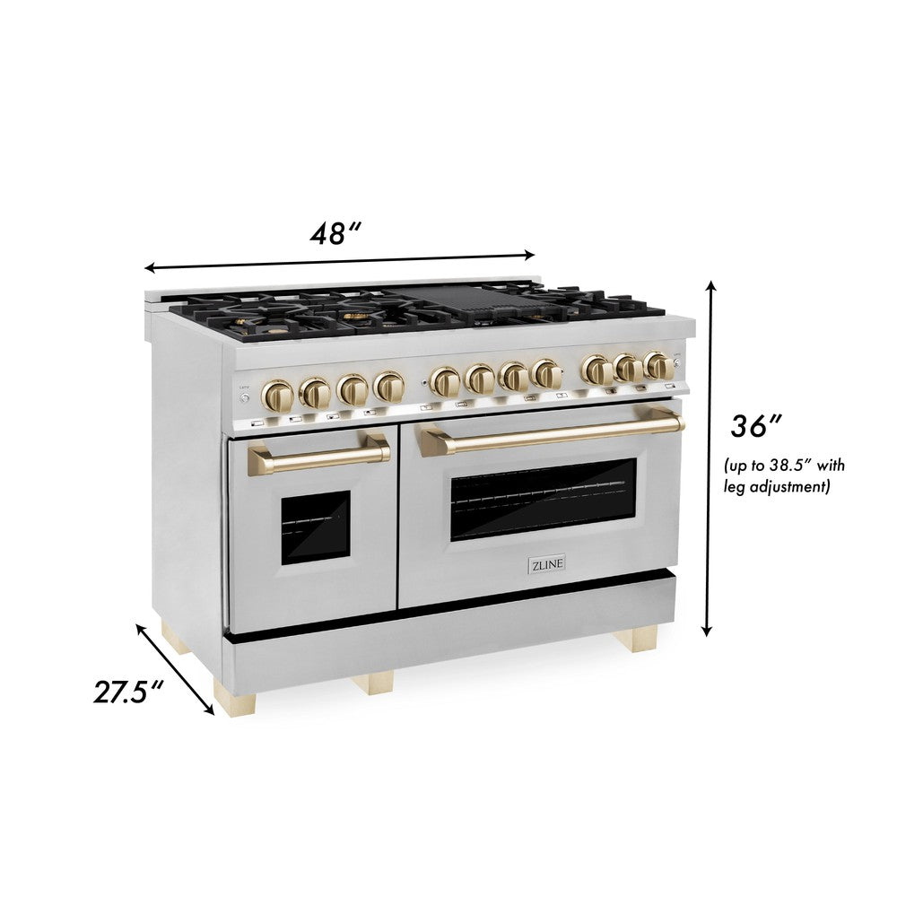 ZLINE Autograph Edition 48 in. 6.0 cu. ft. Legacy Dual Fuel Range with 7 Burner Gas Cooktop and 2 Electric Ovens in Stainless Steel and Polished Gold Accents (RAZ-48-G)