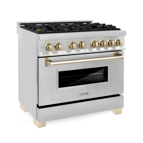 ZLINE Autograph Edition 36 in. 4.6 cu. ft. Dual Fuel Range with Gas Stove and Electric Oven in Stainless Steel with Polished Gold Accents (RAZ-36-G)-Ranges-RAZ-36-G ZLINE Kitchen and Bath