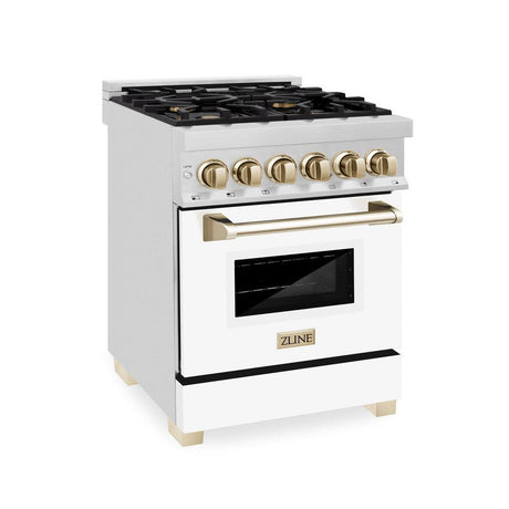 ZLINE Autograph Edition 24 in. 2.8 cu. ft. Dual Fuel Range with Gas Stove and Electric Oven in Stainless Steel with White Matte Door and Polished Gold Accents (RAZ-WM-24-G)-Ranges-RAZ-WM-24-G ZLINE Kitchen and Bath