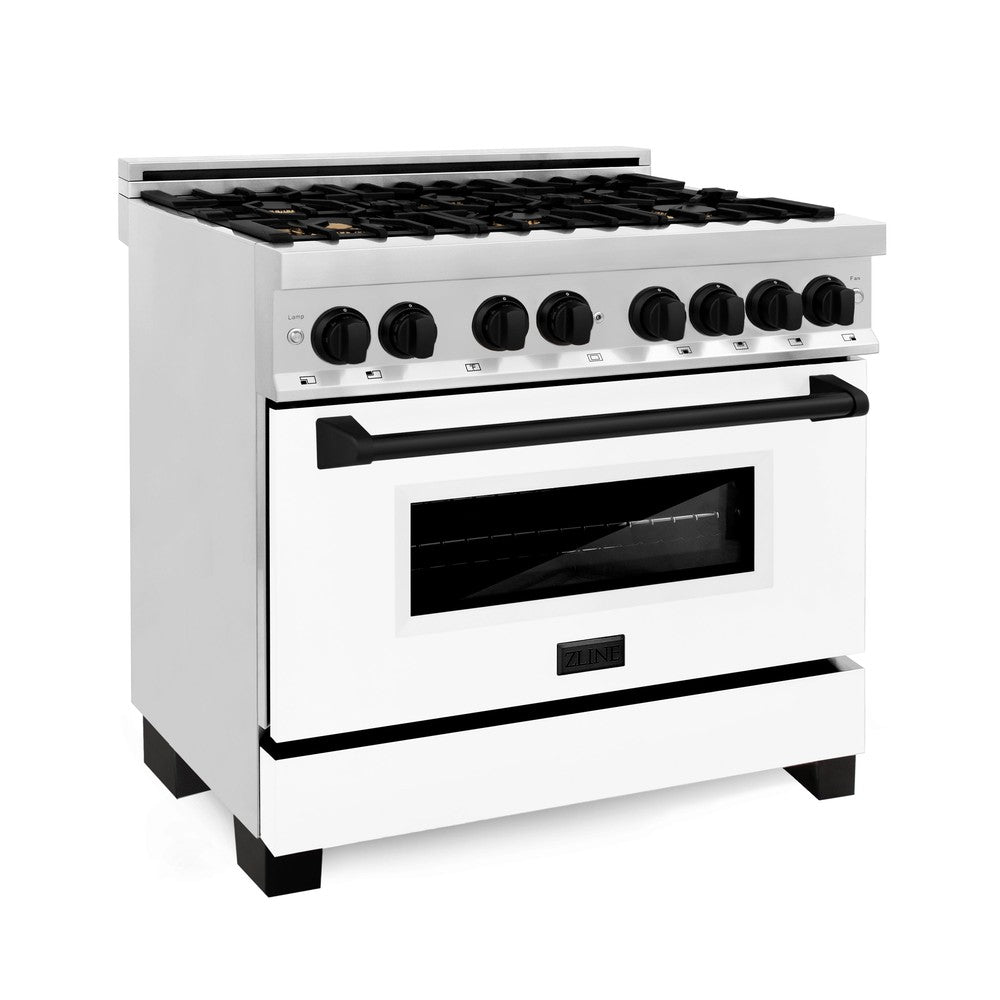 ZLINE Autograph Edition 36 in. 4.6 cu. ft. Legacy Dual Fuel Range with 6 Burner Gas Cooktop and Electric Convection Oven in Stainless Steel with White Matte Door and Matte Black Accents (RAZ-WM-36-MB)