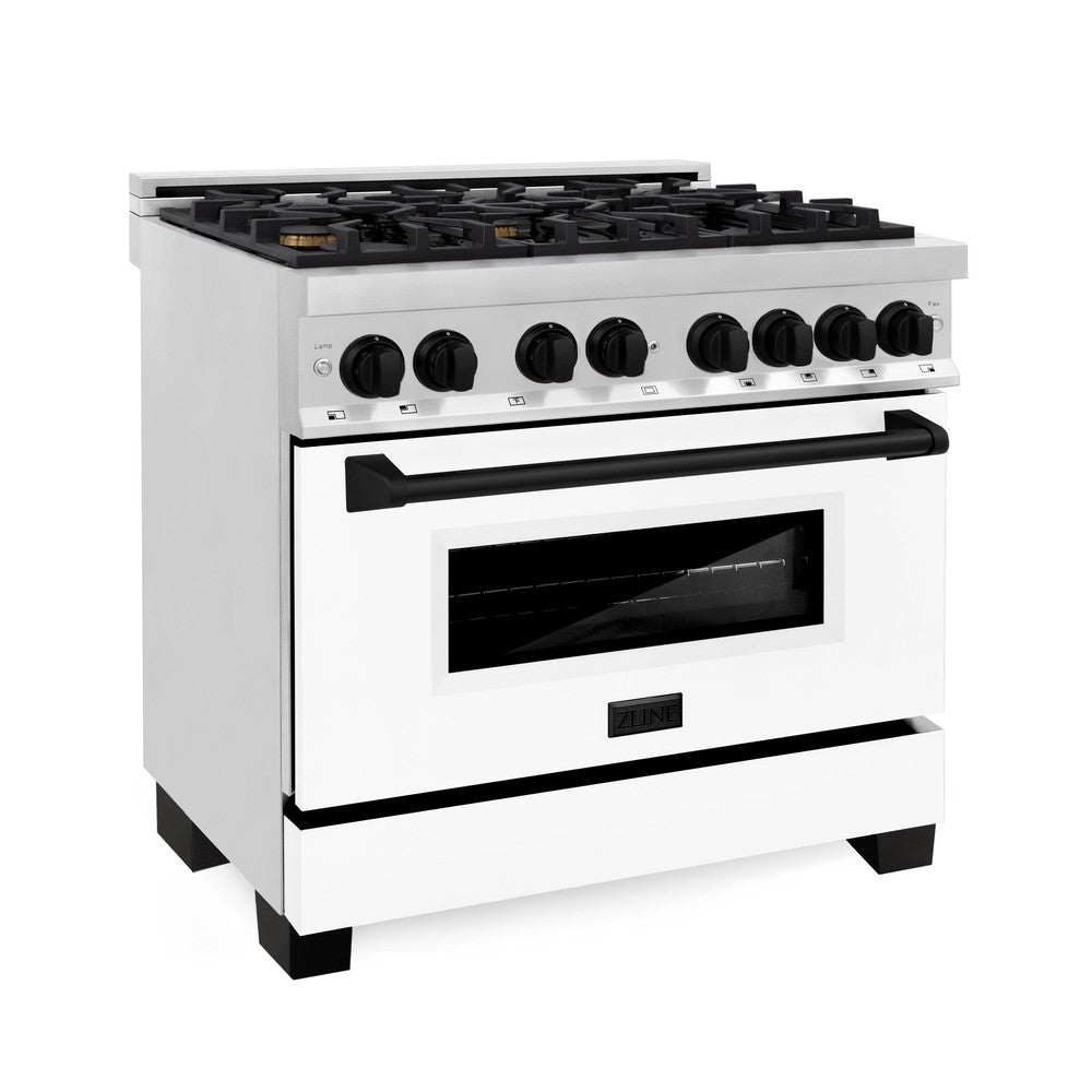 ZLINE Autograph Edition 36 in. 4.6 cu. ft. Legacy Dual Fuel Range with 6 Burner Gas Cooktop and Electric Convection Oven in Stainless Steel with White Matte Door and Matte Black Accents (RAZ-WM-36-MB)