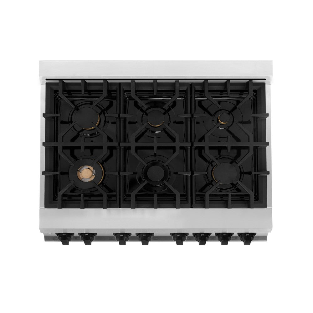 ZLINE Autograph Edition 36 in. 4.6 cu. ft. Legacy Dual Fuel Range with 6 Burner Gas Cooktop and Electric Convection Oven in Stainless Steel with White Matte Door and Matte Black Accents (RAZ-WM-36-MB)