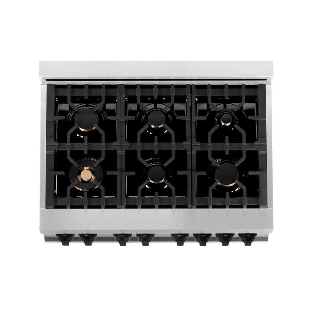 ZLINE Autograph Edition 36 in. 4.6 cu. ft. Legacy Dual Fuel Range with 6 Burner Gas Cooktop and Electric Convection Oven in Stainless Steel with White Matte Door and Matte Black Accents (RAZ-WM-36-MB)