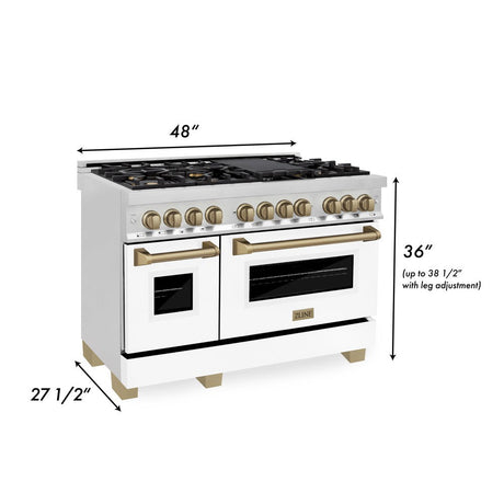 ZLINE Autograph Edition 48 in. 6.0 cu. ft. Dual Fuel Range with Gas Stove and Electric Oven in Stainless Steel with White Matte Doors and Champagne Bronze Accents (RAZ-WM-48-CB)