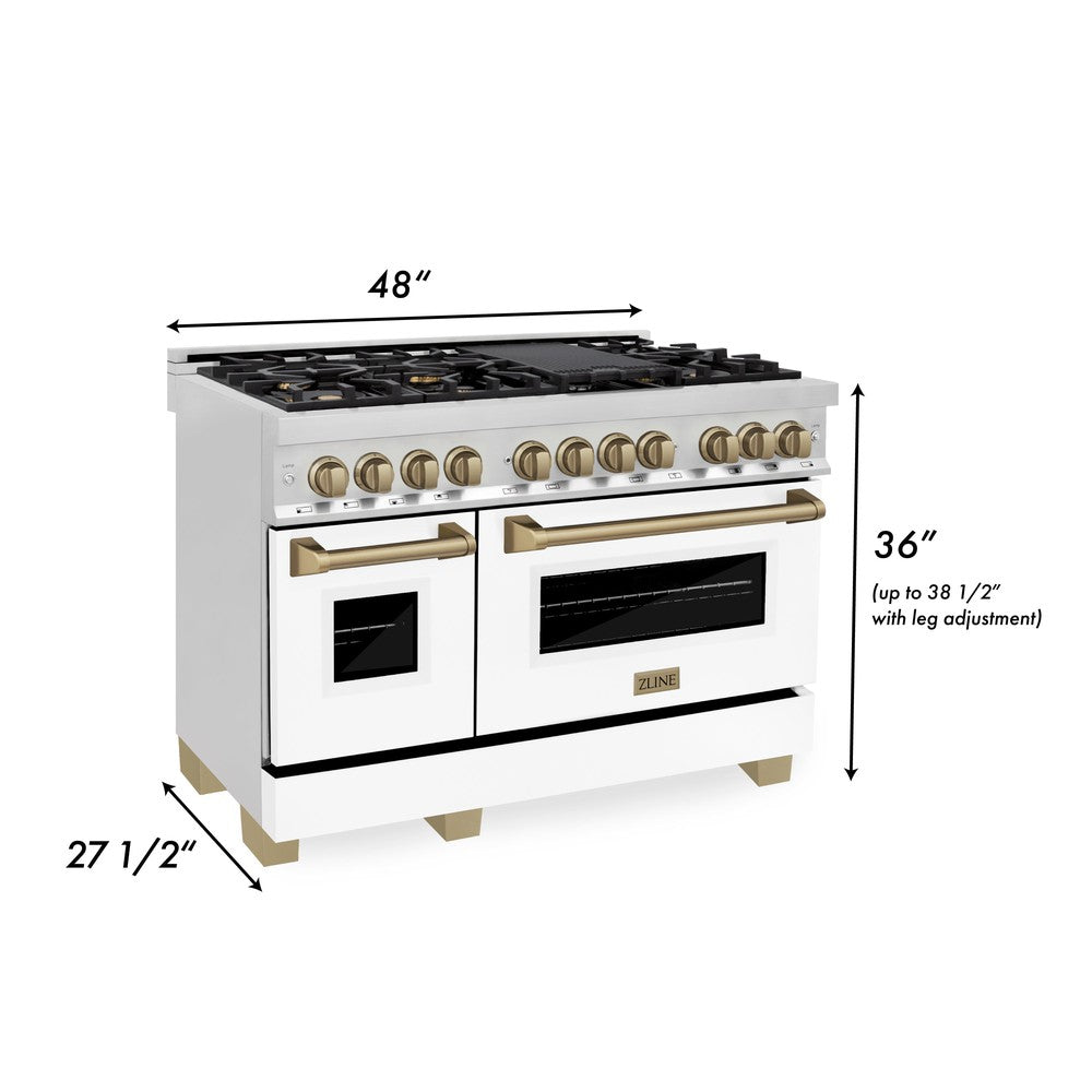 ZLINE Autograph Edition 48 in. 6.0 cu. ft. Legacy Dual Fuel Range with 7 Burner Gas Cooktop and 2 Electric Ovens in Stainless Steel with White Matte Doors and Champagne Bronze Accents (RAZ-WM-48-CB)