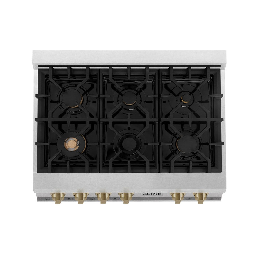 ZLINE Autograph Edition 36 in. Legacy Gas Rangetop with 6 Burners and Porcelain Cooktop in DuraSnow® Stainless Steel with Champagne Bronze Accents (RTSZ-36-CB)
