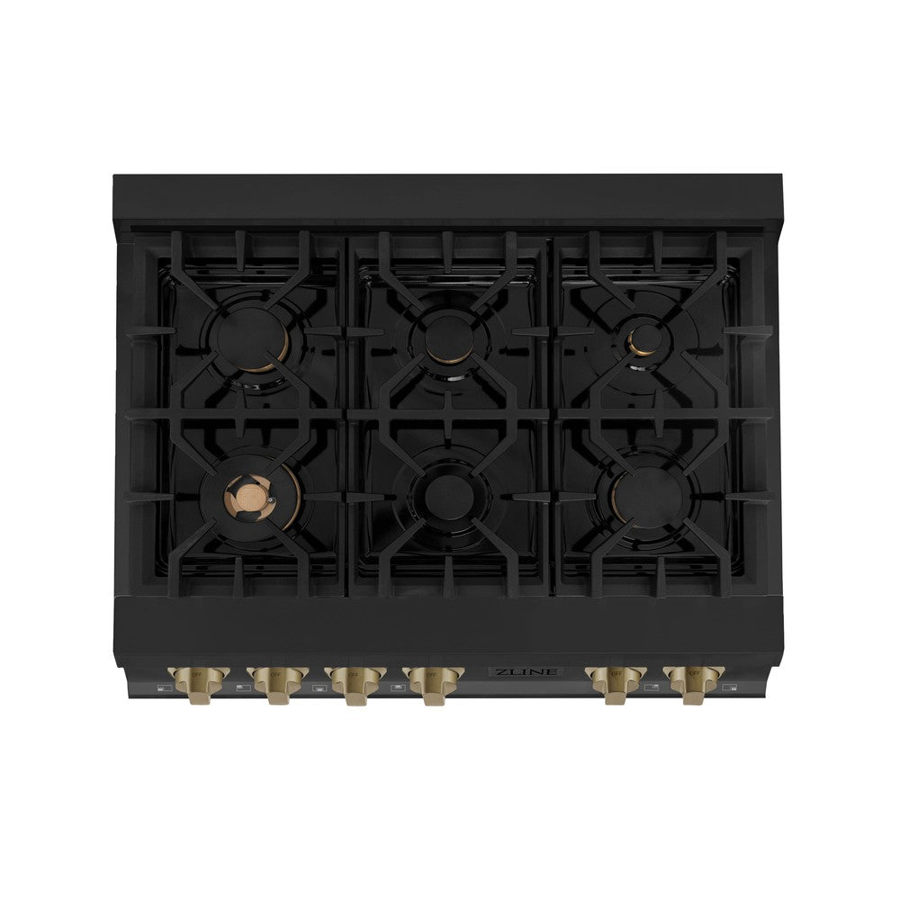 ZLINE Autograph Edition 36 in. Legacy Gas Rangetop with 6 Burners and Porcelain Cooktop in Black Stainless Steel with Champagne Bronze Accents (RTBZ-36-CB)