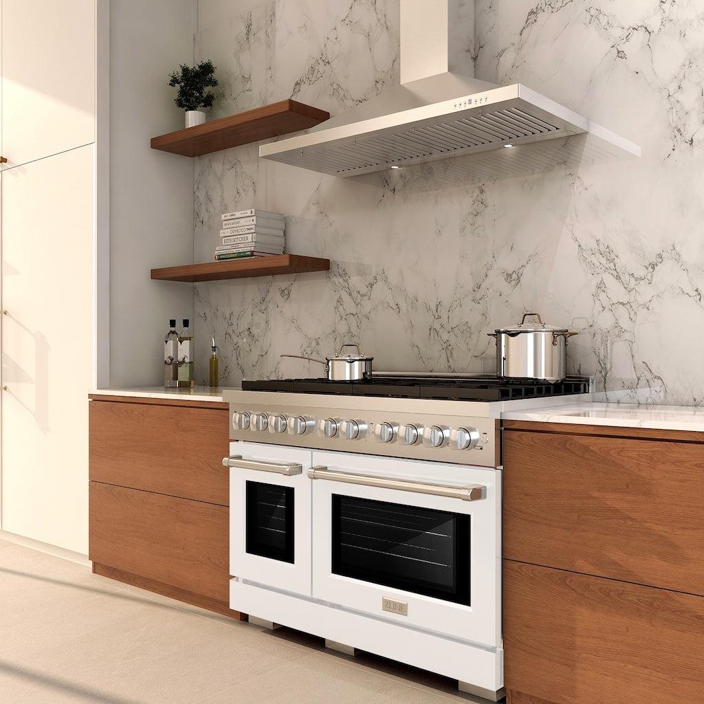 ZLINE 48 in. 6.7 cu. ft. Paramount Double Oven Gas Range with 8 Burner Cooktop in Stainless Steel with White Matte Doors (SGR-WM-48)