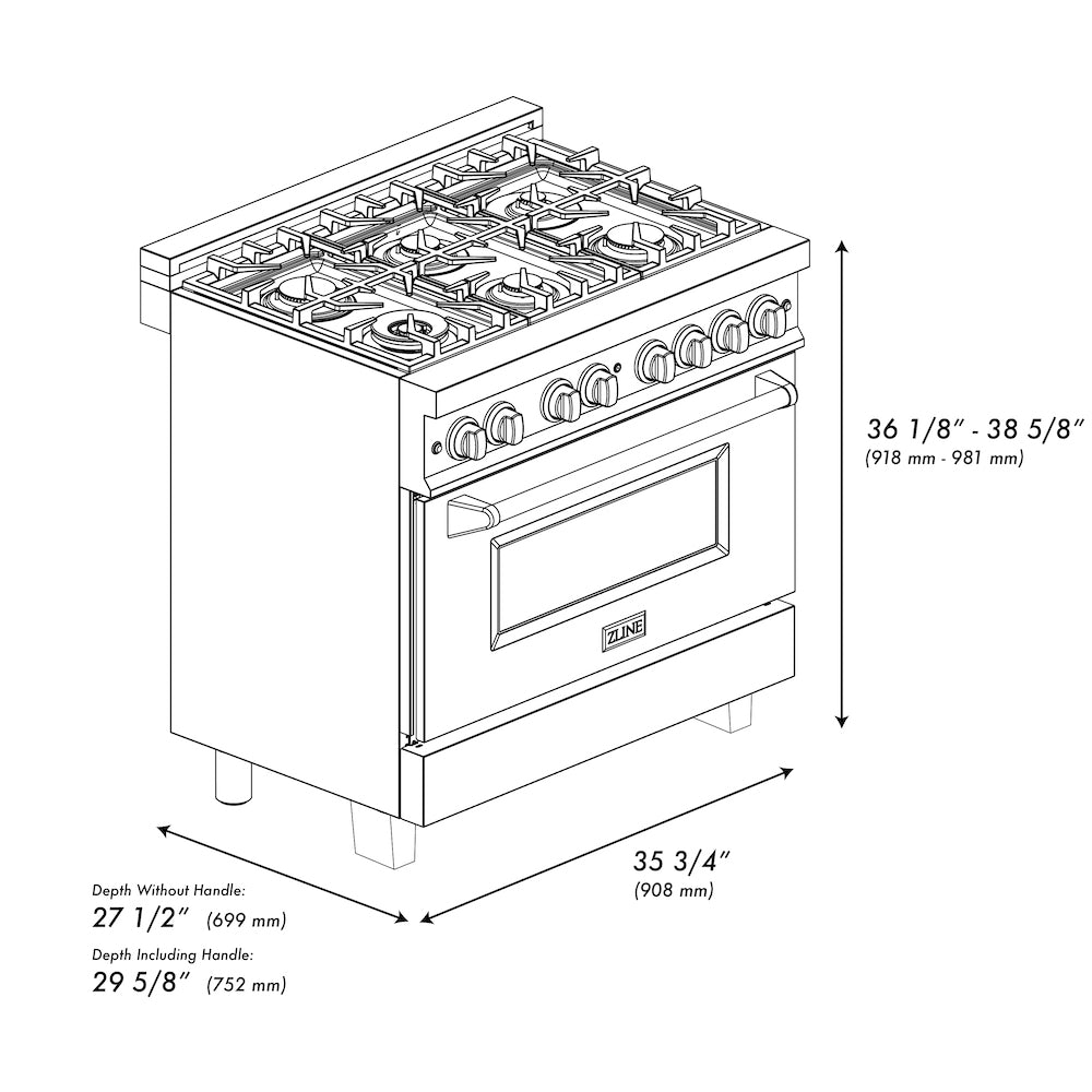 ZLINE Autograph Edition 36 in. Kitchen Package with Black Stainless Steel Dual Fuel Range, Range Hood and Dishwasher with Polished Gold Accents (3AKP-RABRHDWV36-G)