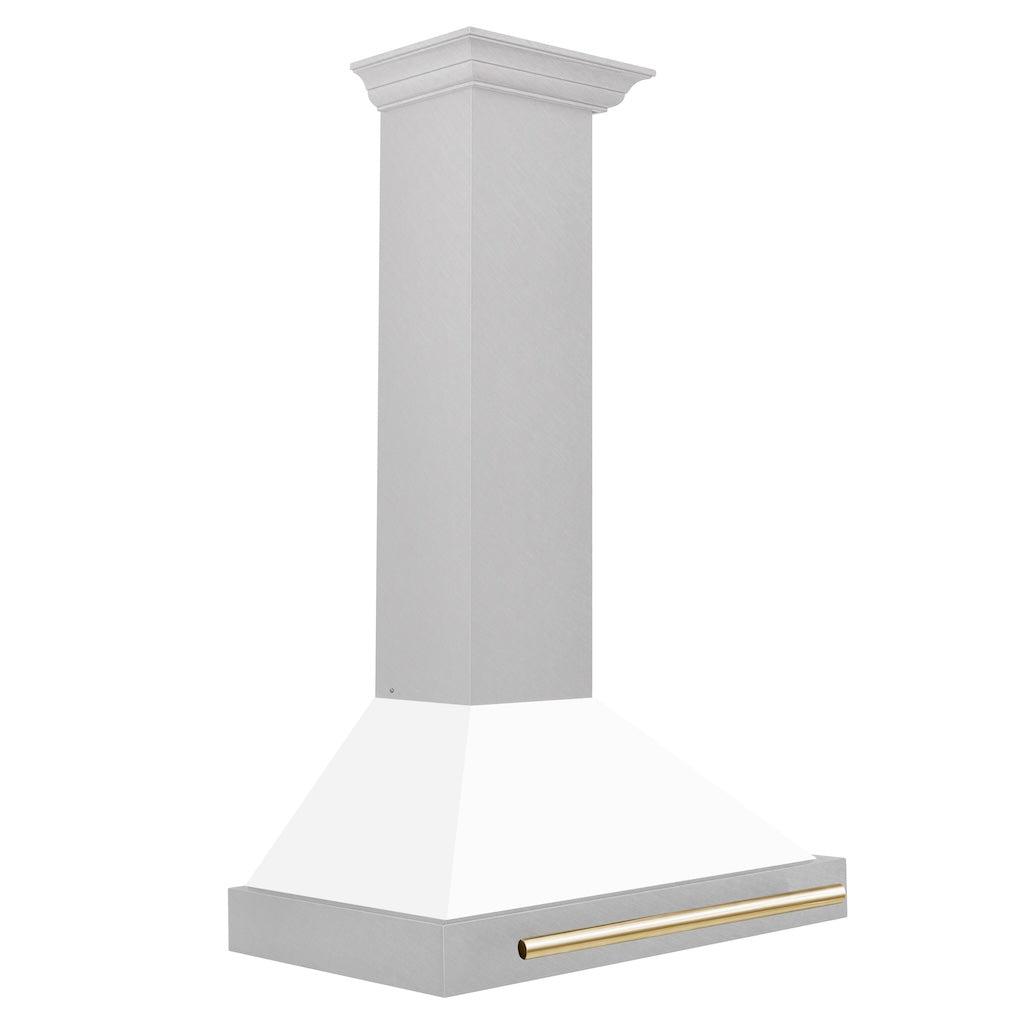ZLINE Autograph Edition Convertible Fingerprint Resistant Satin Stainless Steel Range Hood with White Matte Shell and Polished Gold Handle (KB4SNZ-WM-G) Polished Gold, side.