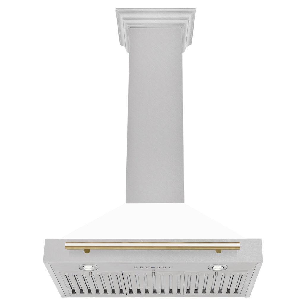 ZLINE Autograph Edition Convertible Fingerprint Resistant DuraSnow® Stainless Steel Range Hood with White Matte Shell and Polished Gold Handle (KB4SNZ-WM-G)