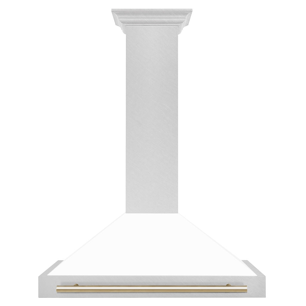 ZLINE Autograph Edition Convertible Fingerprint Resistant DuraSnow® Stainless Steel Range Hood with White Matte Shell and Polished Gold Handle (KB4SNZ-WM-G)
