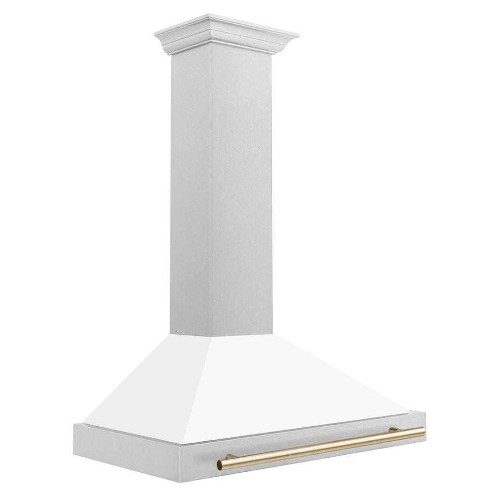 ZLINE Autograph Edition Convertible Fingerprint Resistant Satin Stainless Steel Range Hood with White Matte Shell and Polished Gold Handle (KB4SNZ-WM-G) Polished Gold, side.