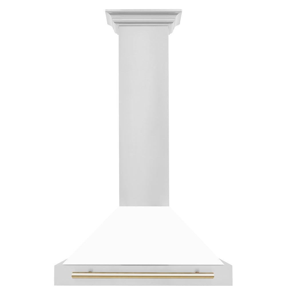 ZLINE Autograph Edition Convertible Stainless Steel Range Hood with White Matte Shell and Polished Gold Accents (KB4STZ-WM-G)