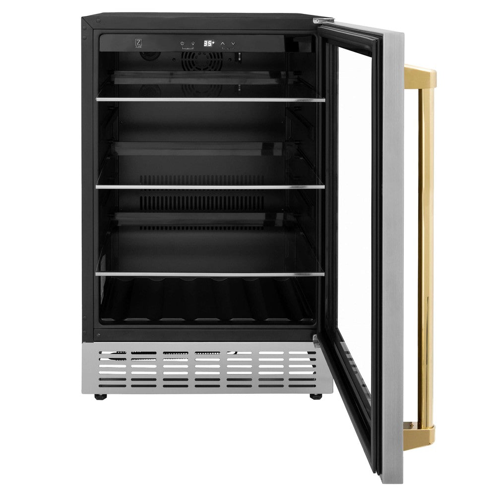 ZLINE Autograph Edition 24 in. Monument 154 Can Beverage Fridge in Stainless Steel with Polished Gold Accents (RBVZ-US-24-G)