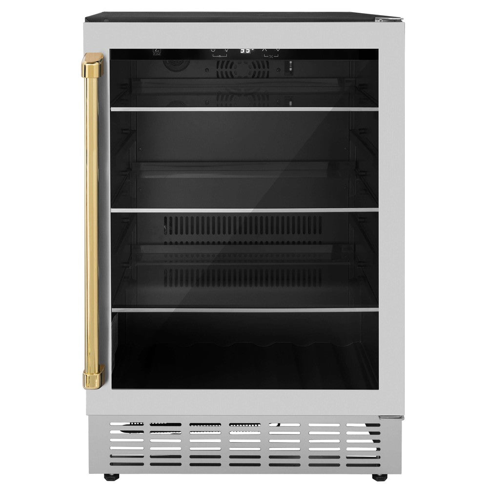 ZLINE Autograph Edition 24 in. Monument 154 Can Beverage Fridge in Stainless Steel with Polished Gold Accents (RBVZ-US-24-G)