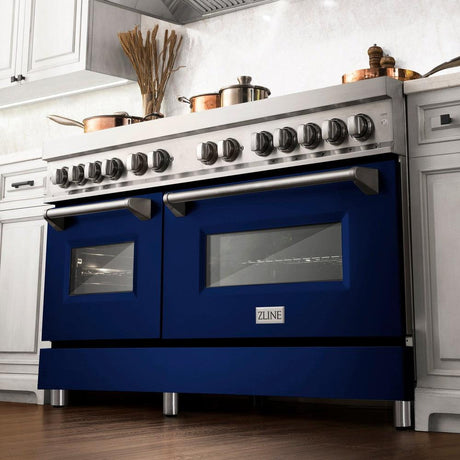 ZLINE 60 in. 7.4 cu. ft. Dual Fuel Range with Gas Stove and Electric Oven in Stainless Steel with Blue Gloss Doors (RA-BG-60)
