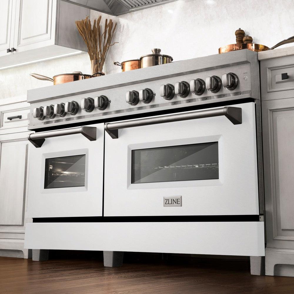 ZLINE 60 in. 7.4 cu. ft. Legacy Dual Fuel Range with 9 Burner Gas Cooktop and 2 Electric Convection Ovens in DuraSnow® Stainless Steel and White Matte Doors (RAS-WM-60)
