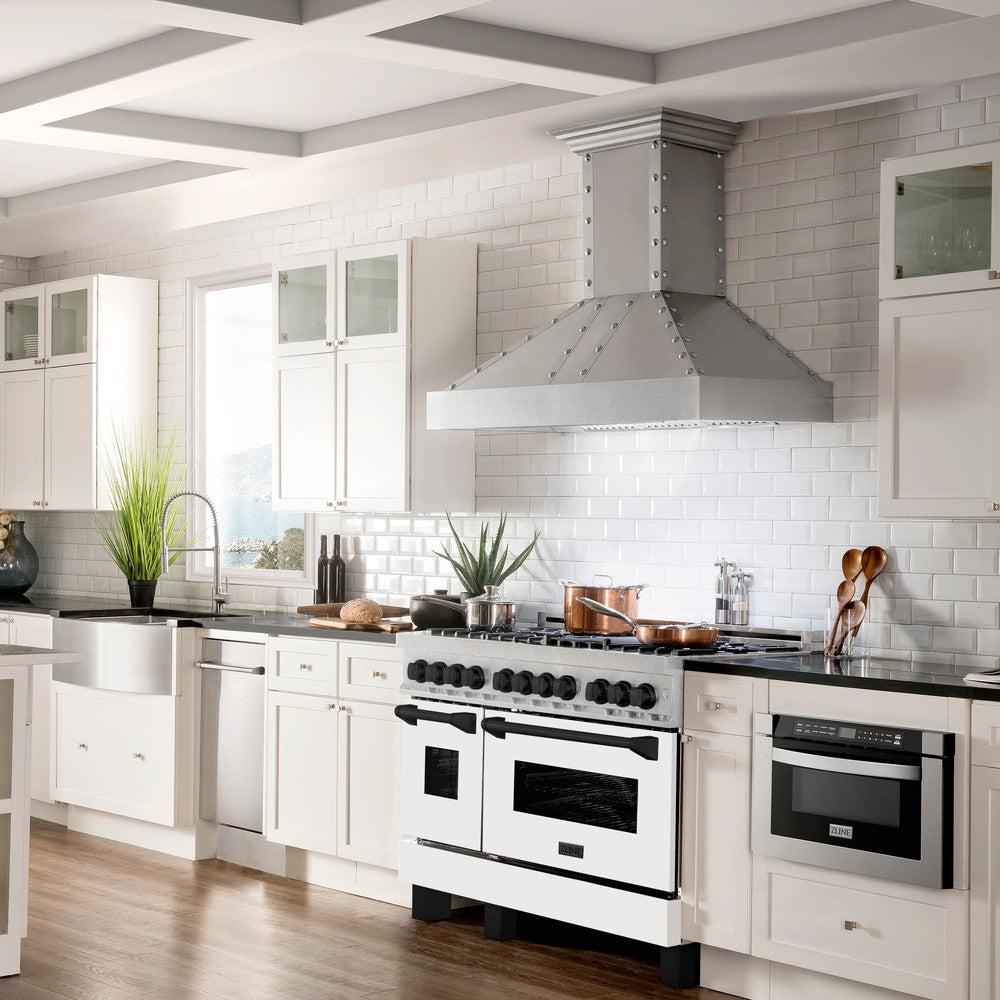 ZLINE Autograph Edition 48 in. 6.0 cu. ft. Legacy Dual Fuel Range with 7 Burner Gas Cooktop and 2 Electric Ovens in DuraSnow® Stainless Steel with White Matte Doors and Matte Black Accents (RASZ-WM-48-MB)