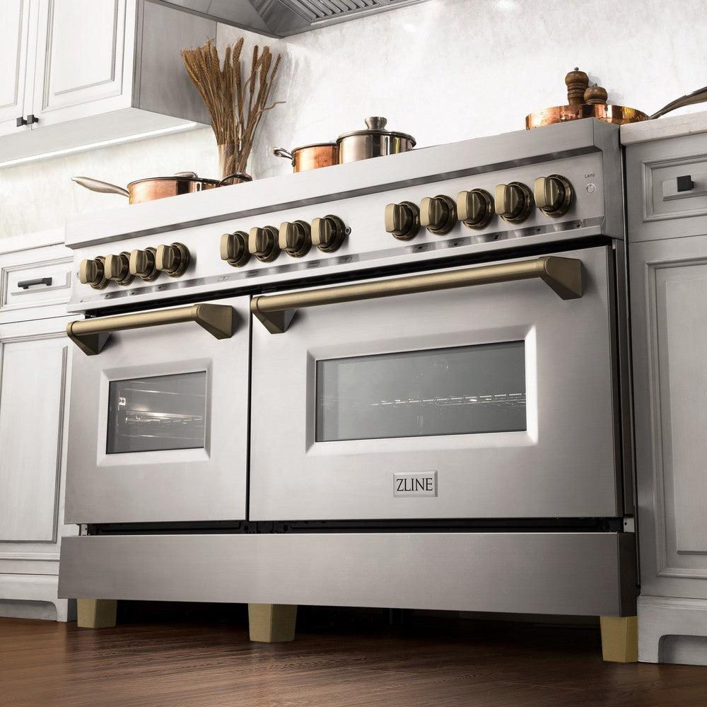 ZLINE Autograph Edition 60 in. 7.4 cu. ft. Legacy Dual Fuel Range with 9 Burner Gas Cooktop and 2 Electric Convection Ovens in Stainless Steel and Champagne Bronze Accents (RAZ-60-CB)
