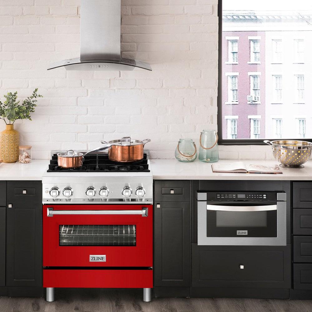 ZLINE 30 in. 4.0 cu. ft. Dual Fuel Range with Gas Stove and Electric Oven in Stainless Steel with Red Gloss Door (RA-RG-30)