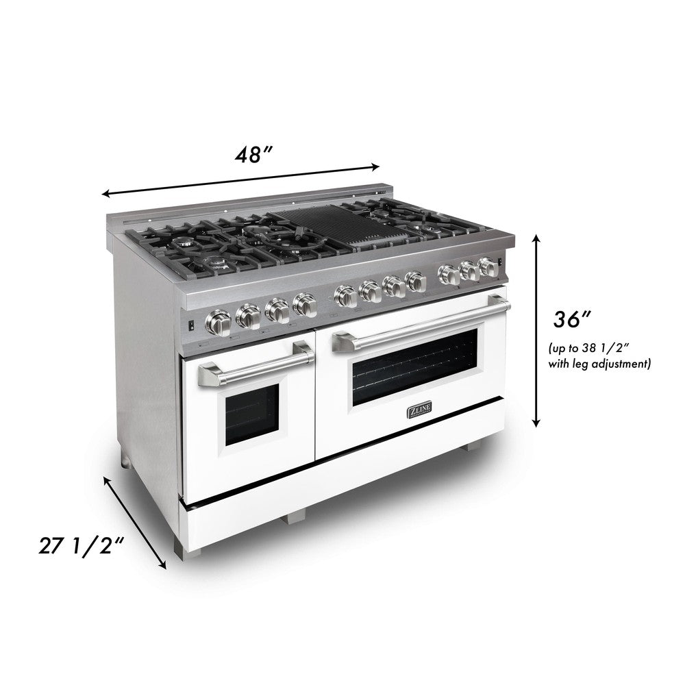 ZLINE 48 in. Kitchen Package with DuraSnow® Stainless Steel Dual Fuel Range with White Matte Doors and Convertible Vent Range Hood (2KP-RASWMRH48)