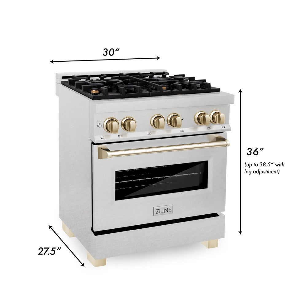 ZLINE Autograph Edition 30 in. 4.0 cu. ft. Legacy Dual Fuel Range with 4 Burner Gas Cooktop and Electric Convection Oven in DuraSnow® Stainless Steel and Polished Gold Accents (RASZ-SN-30-G)