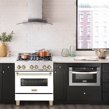 ZLINE Autograph Edition 30 in. 4.0 cu. ft. Dual Fuel Range with Gas Stove and Electric Oven in Fingerprint Resistant Stainless Steel with White Matte Door and Polished Gold Accents (RASZ-WM-30-G)