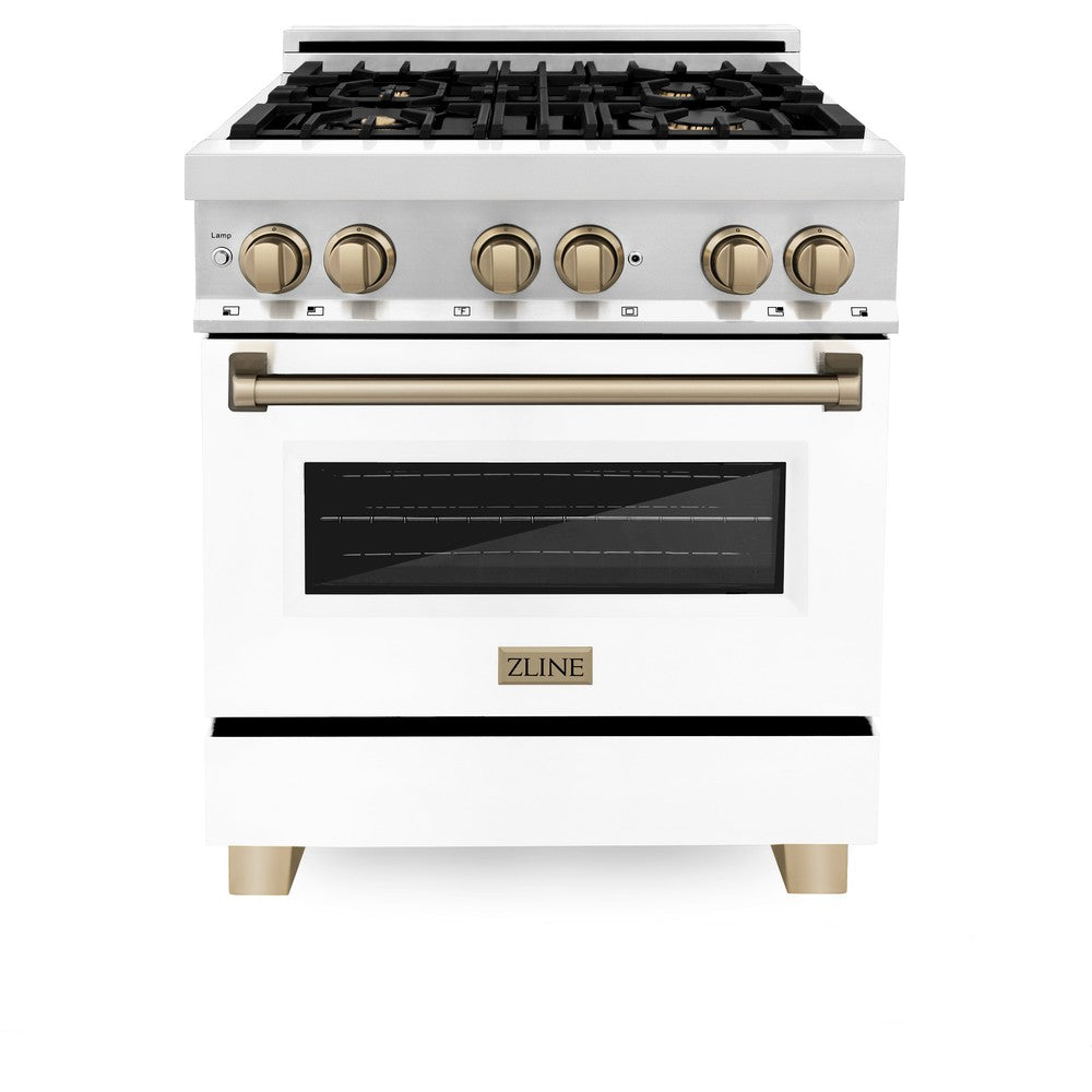 ZLINE Autograph Edition 30 in. 4.0 cu. ft. Dual Fuel Range with Gas Stove and Electric Oven in Stainless Steel with White Matte Door and Champagne Bronze Accents (RAZ-WM-30-CB)