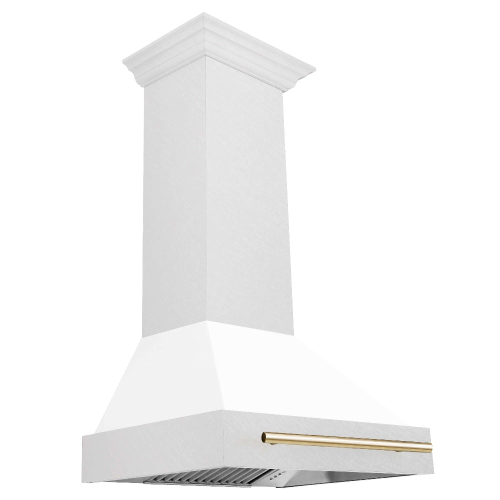 ZLINE Autograph Edition 30 in. Fingerprint Resistant Satin Stainless Steel Range Hood with White Matte Shell and Accented Handle (8654SNZ-WM30) Polished Gold