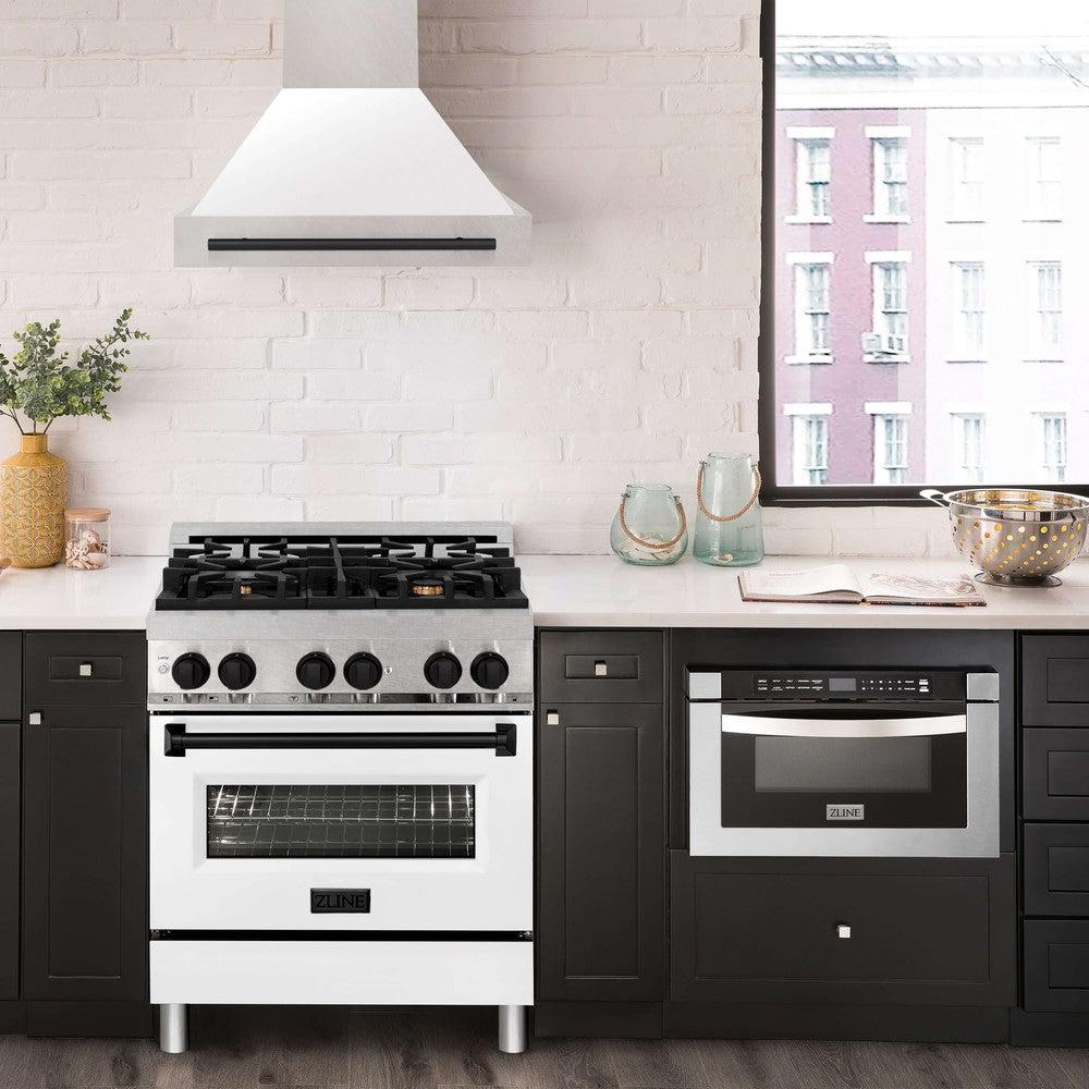 ZLINE Autograph Edition 30 in. Fingerprint Resistant Stainless Steel Range Hood with White Matte Shell and Handle (8654SNZ-WM30)