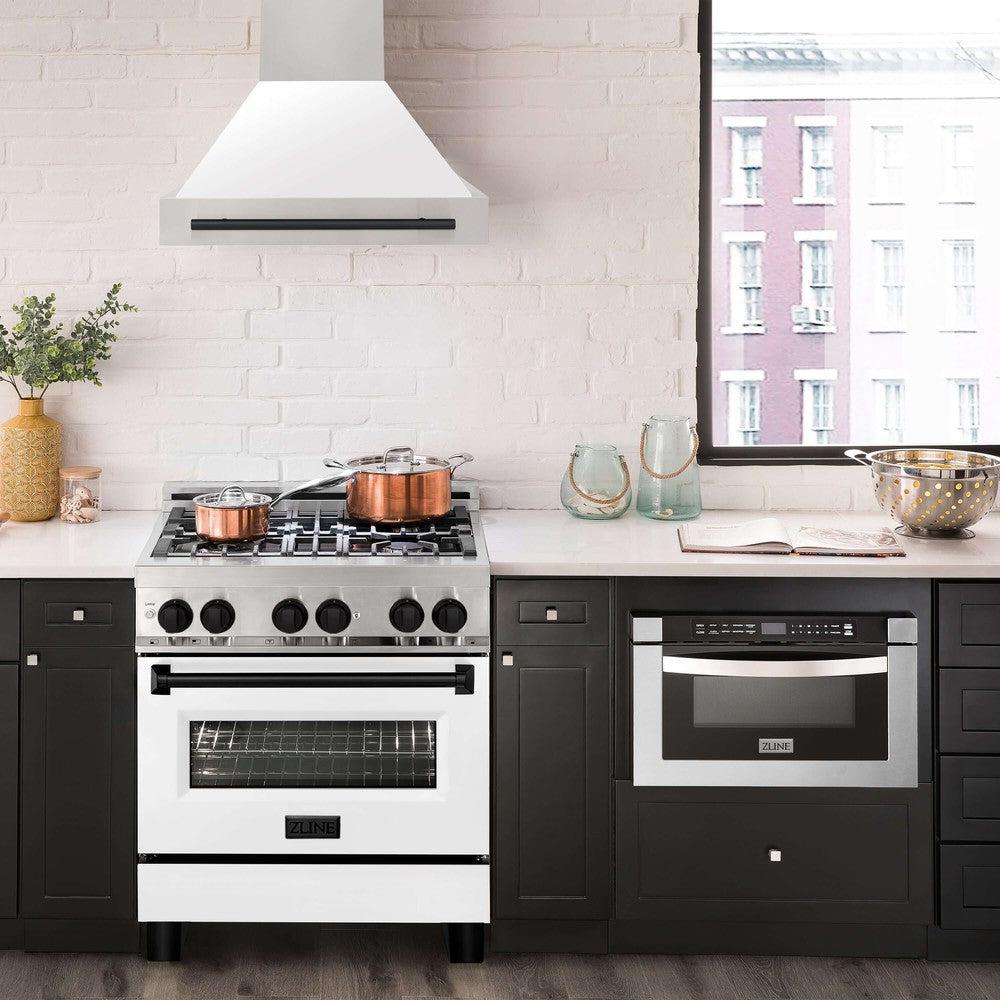 ZLINE Autograph Edition 30 in. Stainless Steel Range Hood with White Matte Shell and Accents (8654STZ-WM30)