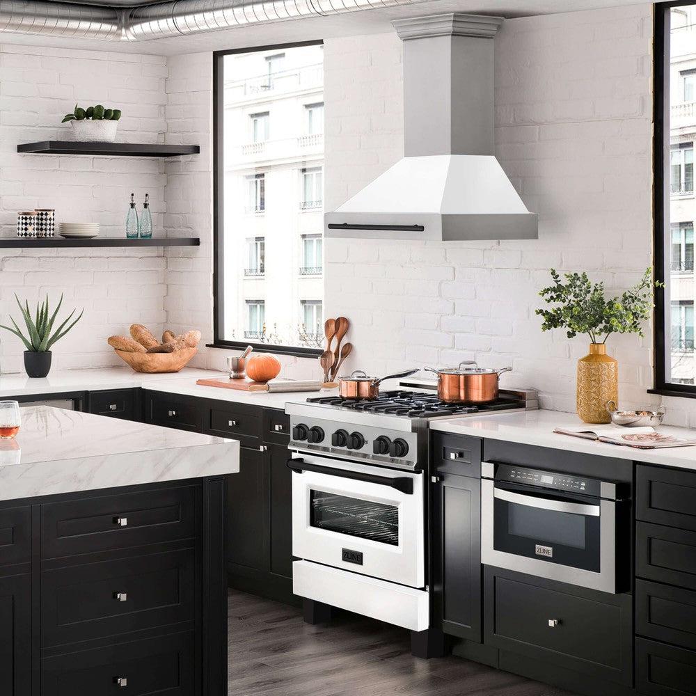 ZLINE Autograph Edition 30 in. Stainless Steel Range Hood with White Matte Shell and Accents (8654STZ-WM30)