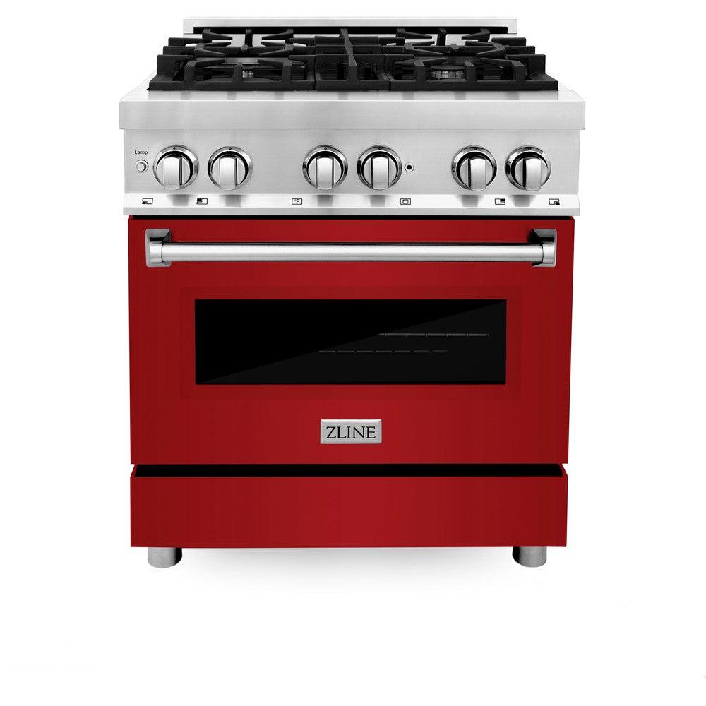 ZLINE 30 in. 4.0 cu. ft. Dual Fuel Range with Gas Stove and Electric Oven in Stainless Steel with Red Gloss Door (RA-RG-30)