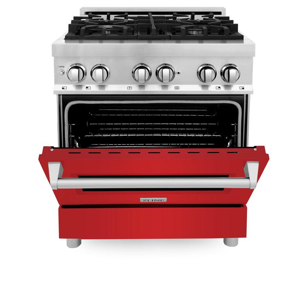 ZLINE 30 in. 4.0 cu. ft. Legacy Dual Fuel Range with 4 Burner Gas Cooktop and Electric Convection Oven in Stainless Steel and Red Matte Door (RA-RM-30)
