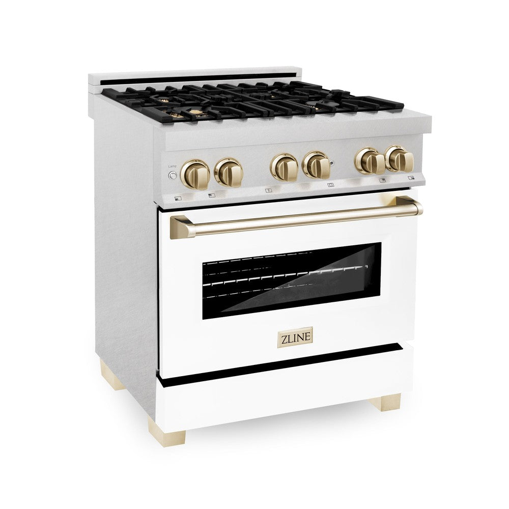 ZLINE Autograph Edition 30 in. 4.0 cu. ft. Legacy Dual Fuel Range with 4 Burner Gas Cooktop and Electric Convection Oven in Satin Stainless Steel with White Matte Door and Polished Gold Accents (RASZ-WM-30-G)