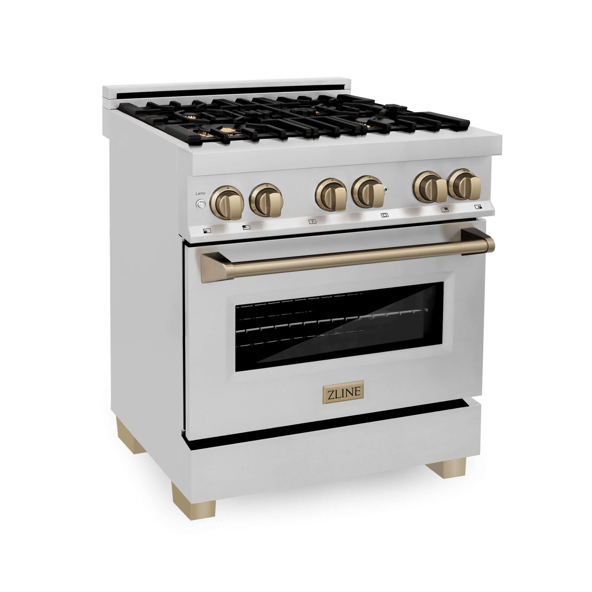 ZLINE Autograph Edition 30 in. Kitchen Package with Stainless Steel Dual Fuel Range, Range Hood, Dishwasher and Refrigerator with Champagne Bronze Accents (4KAPR-RARHDWM30-CB)