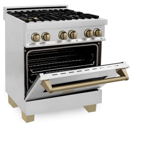 ZLINE Autograph Edition 30 in. Kitchen Package with Stainless Steel Dual Fuel Range, Range Hood, Dishwasher and Refrigeration with Champagne Bronze Accents (4KAPR-RARHDWM30-CB)