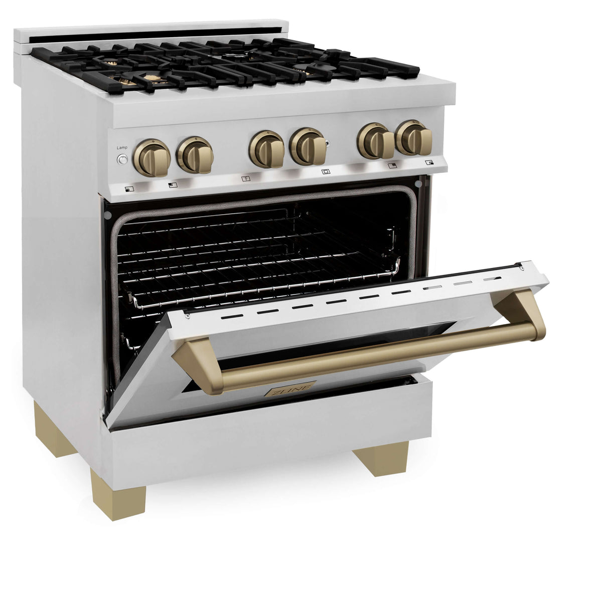 ZLINE Autograph Edition 30 in. Kitchen Package with Stainless Steel Dual Fuel Range, Range Hood, Dishwasher and Refrigerator with Champagne Bronze Accents (4KAPR-RARHDWM30-CB)