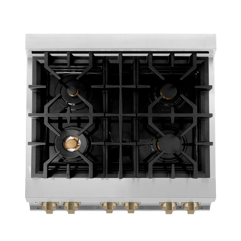 ZLINE Autograph Edition 30 in. 4.0 cu. ft. Legacy Dual Fuel Range with 4 Burner Gas Cooktop and Electric Convection Oven in Stainless Steel and Champagne Bronze Accents (RAZ-30-CB)