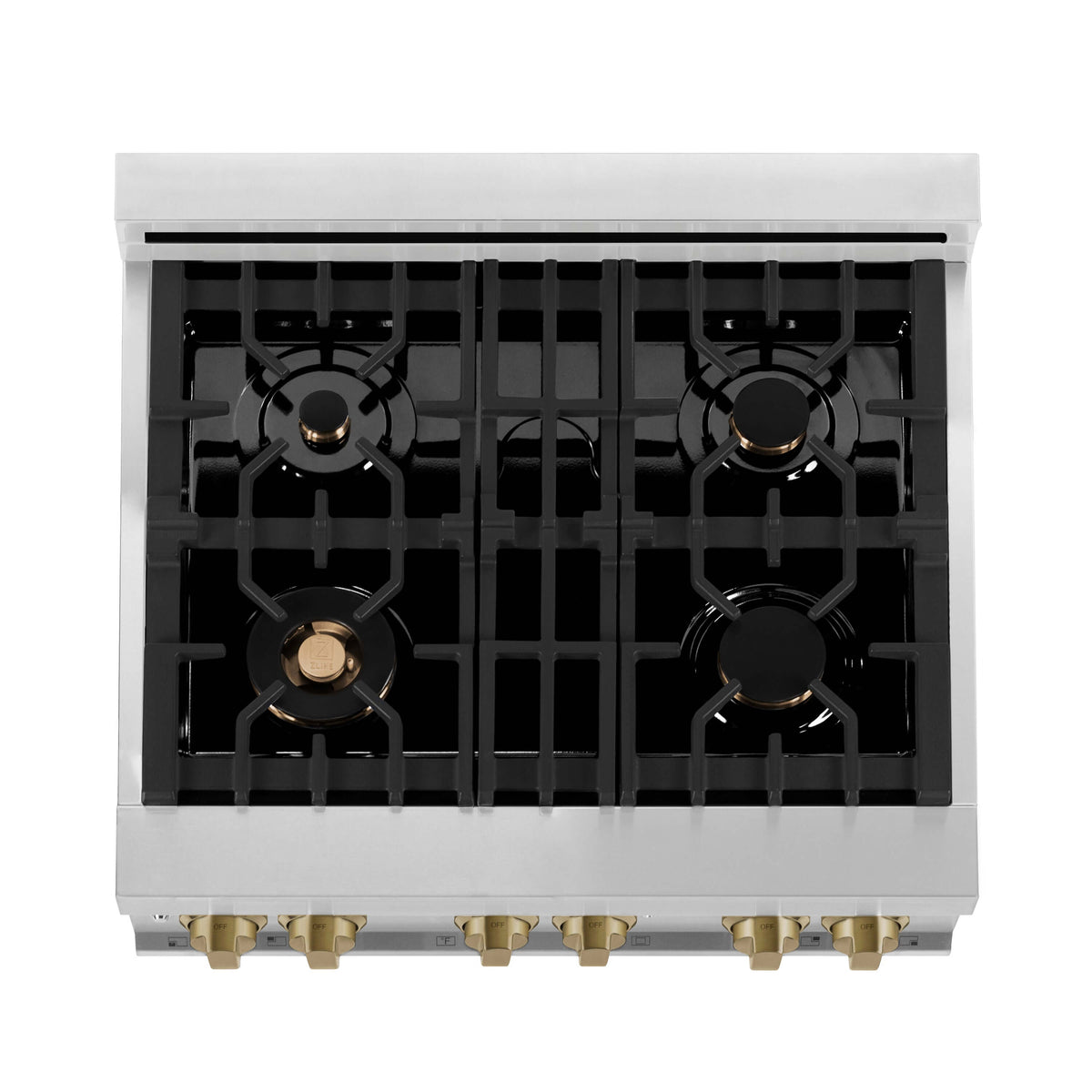 ZLINE Autograph Edition 30 in. Kitchen Package with Stainless Steel Dual Fuel Range, Range Hood, Dishwasher and Refrigerator with Champagne Bronze Accents (4KAPR-RARHDWM30-CB)