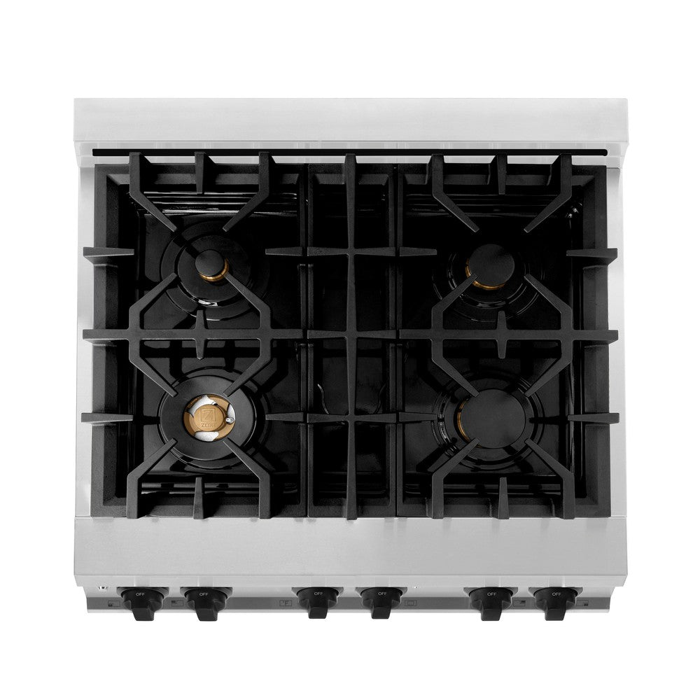 ZLINE Autograph Edition 30 in. 4.0 cu. ft. Legacy Dual Fuel Range with 4 Burner Gas Cooktop and Electric Convection Oven in Stainless Steel and Matte Black Accents (RAZ-30-MB)