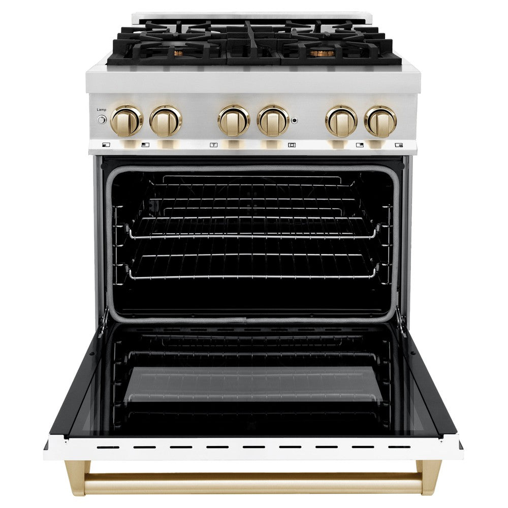 ZLINE Autograph Edition 30 in. 4.0 cu. ft. Legacy Dual Fuel Range with 4 Burner Gas Cooktop and Electric Convection Oven in Stainless Steel with White Matte Door and Polished Gold Accents (RAZ-WM-30-G)