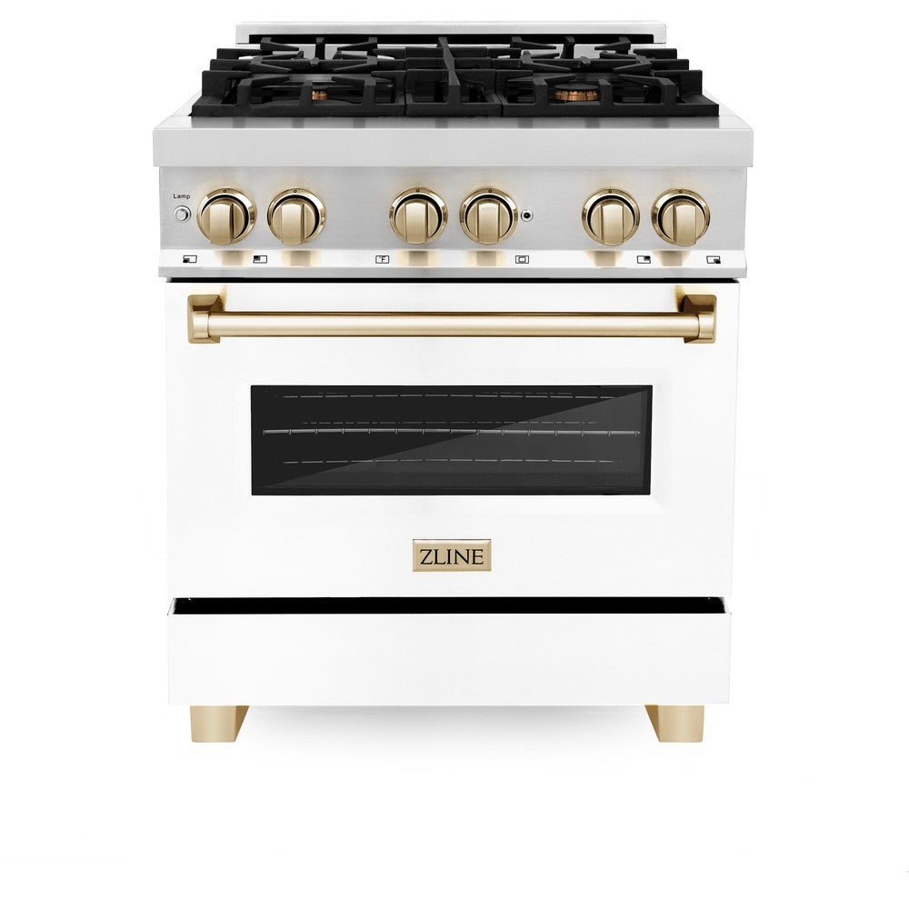 ZLINE Autograph Edition 30 in. 4.0 cu. ft. Legacy Dual Fuel Range with 4 Burner Gas Cooktop and Electric Convection Oven in Stainless Steel with White Matte Door and Polished Gold Accents (RAZ-WM-30-G)