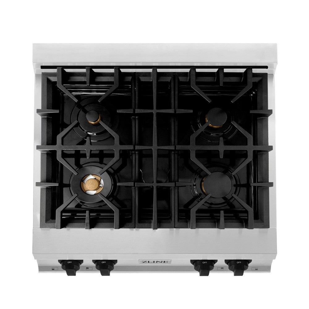 ZLINE Autograph Edition 30 in. Porcelain Rangetop with 4 Gas Burners in Stainless Steel and Matte Black Accents (RTZ-30-MB)