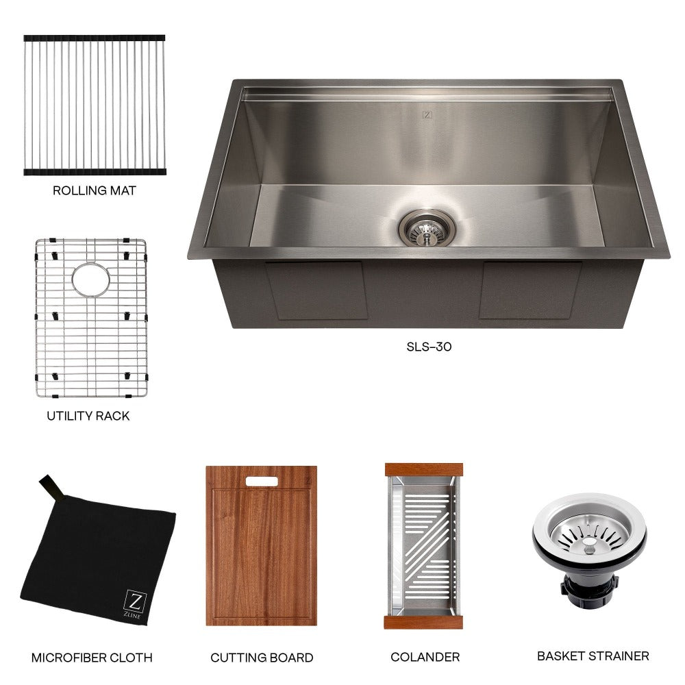 ZLINE Garmisch 30 in. Undermount Single Bowl Scratch Resistant Stainless Steel Kitchen Sink with Bottom Grid and Accessories (SLS-30S)